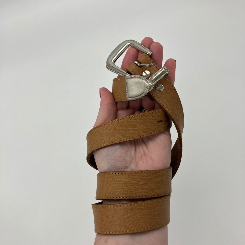Vtg Leather Belt Womens M Tan Western Lizard Embossed Silver Buckle Cowgirl Boho